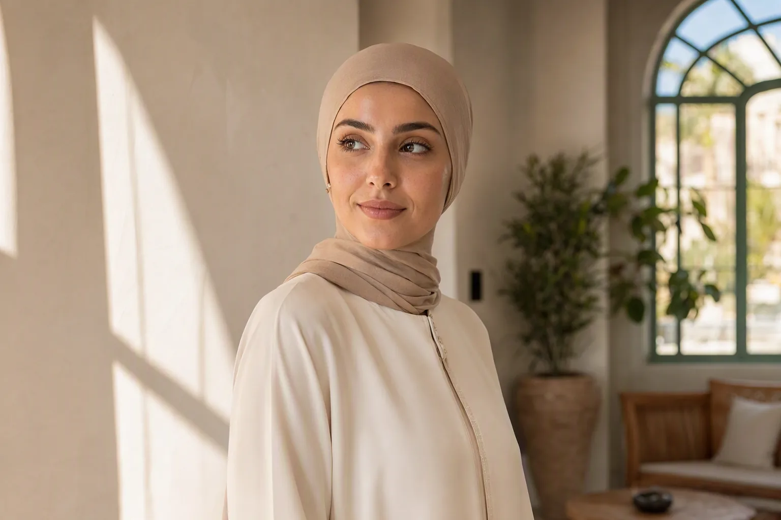 امرأة ترتدي حجابًا بيج مرتبًا ومسطحًا دون انتفاخ خلف الرأس، بملابس محتشمة في غرفة مضيئة