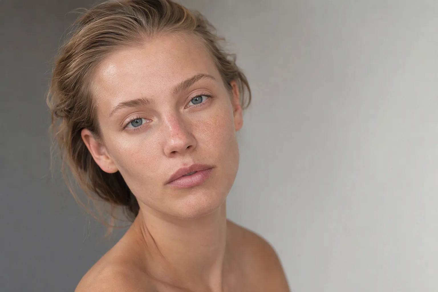 Kvinde med varmt blondt hår sat op og bare skuldre i dagslys mod grå baggrund