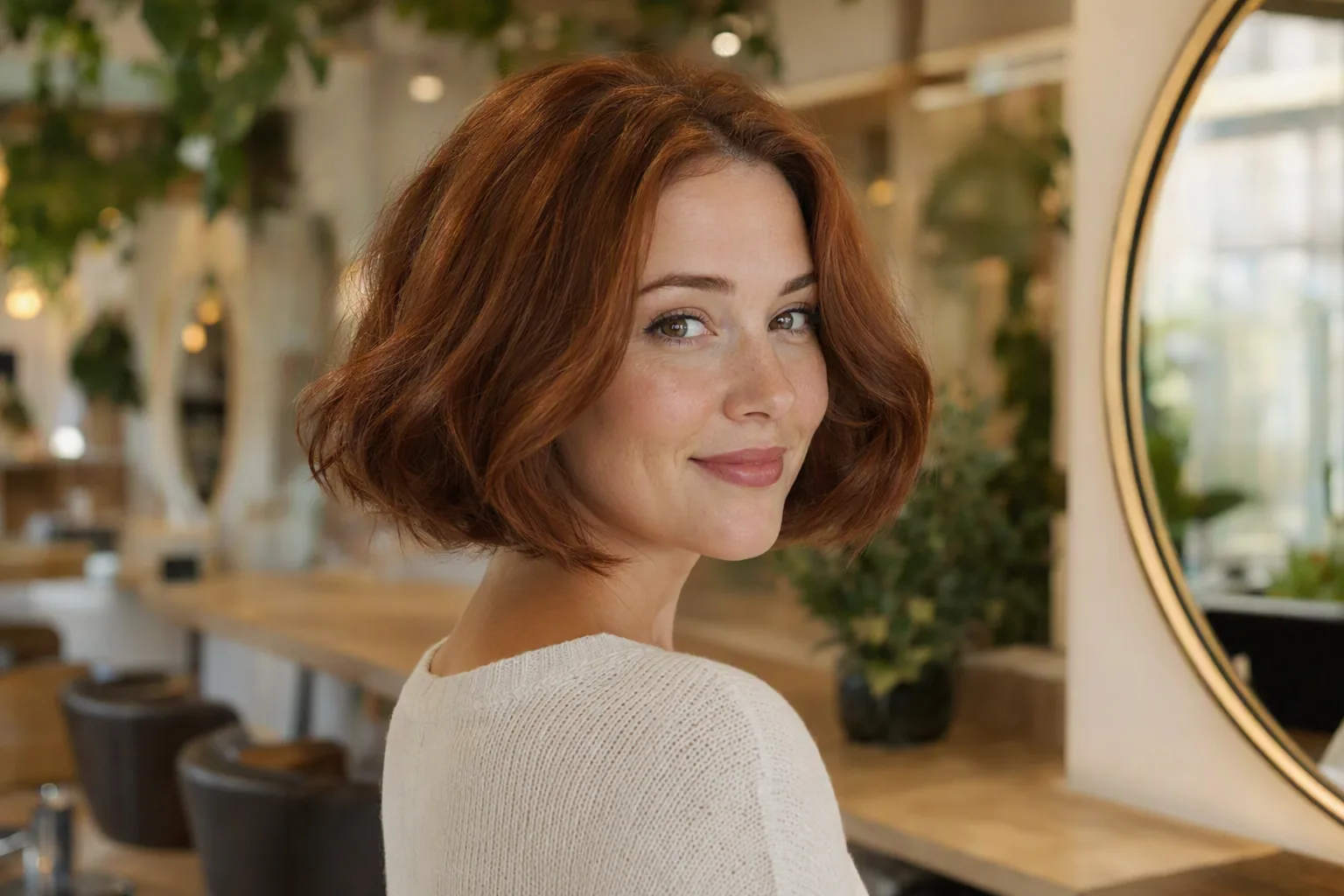 Woman in a salon with a freshly cut jaw-length sculpted bob coloured warm auburn copper