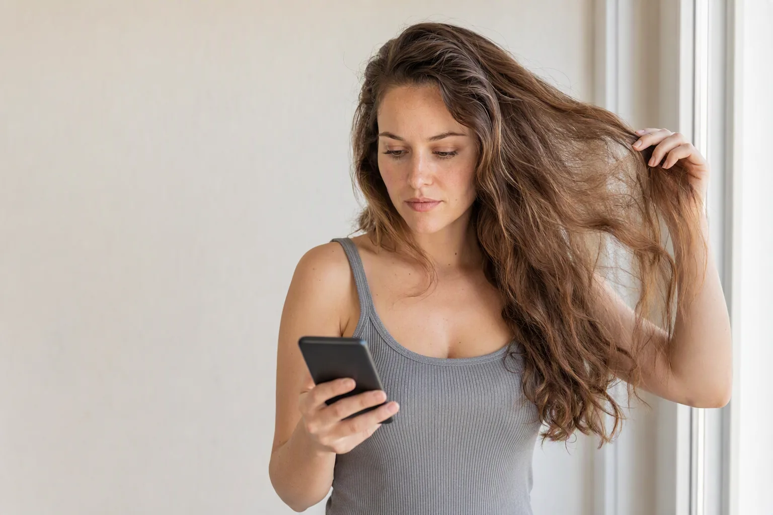 Woman lifting a section of her long brown hair while checking a hair colour preview on her phone