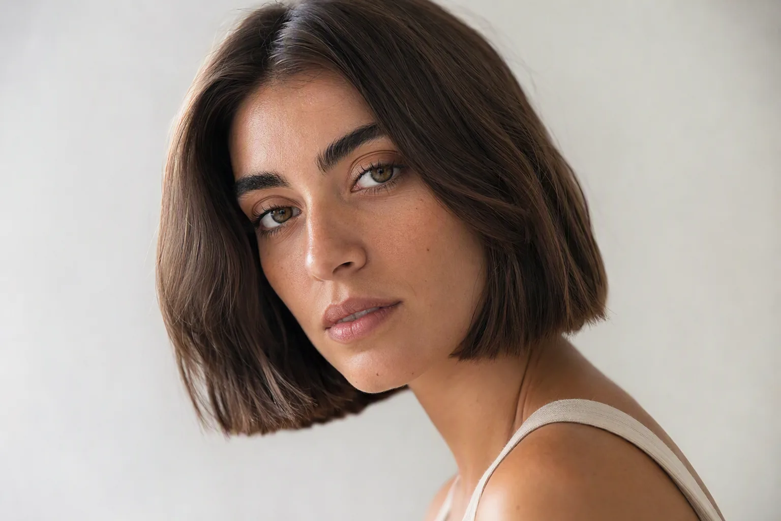 Mujer con melena corta castaña oscura y top claro, retrato con luz natural
