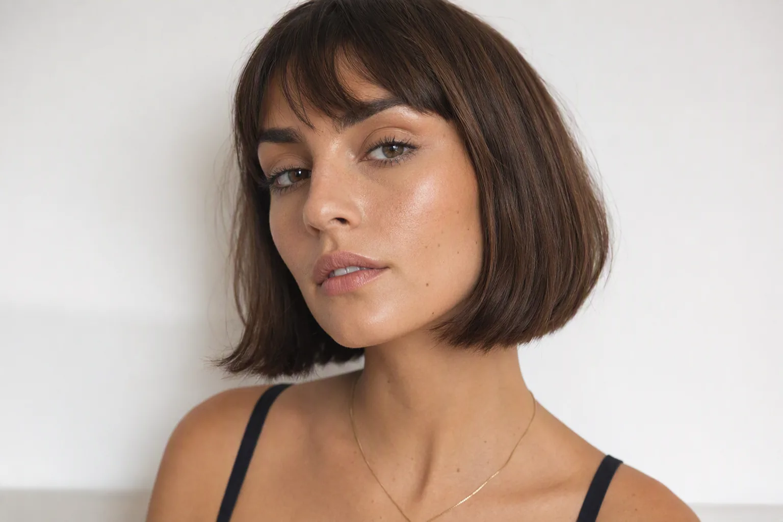 Portrait d'une femme au carré brun avec une frange droite, sur fond clair