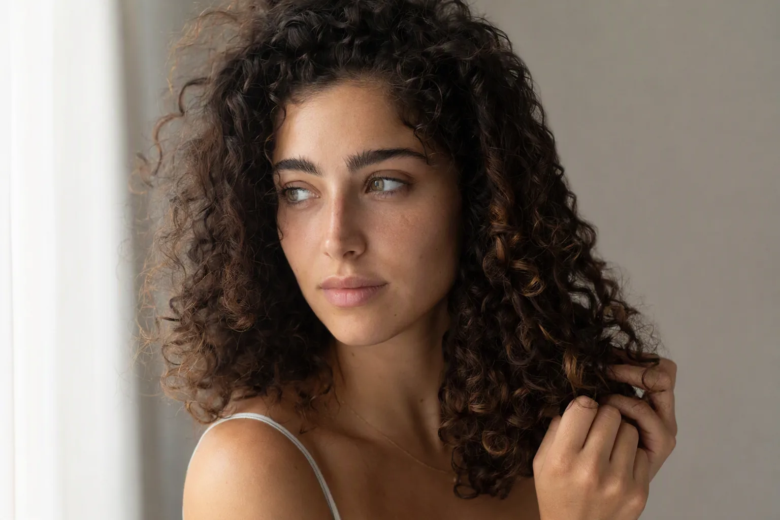 אישה עם תלתלים חומים ומלאים אוספת קווצה ליד החלון