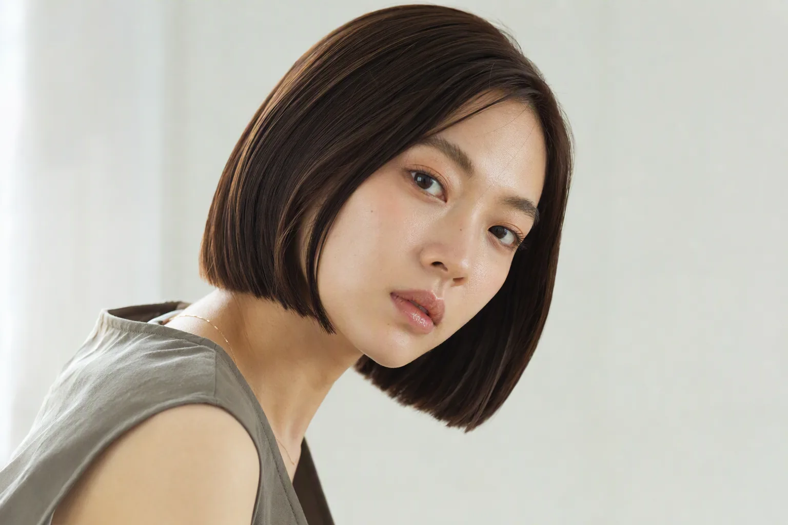 白い背景で、あご下ラインのボブを片側に流した女性のポートレート