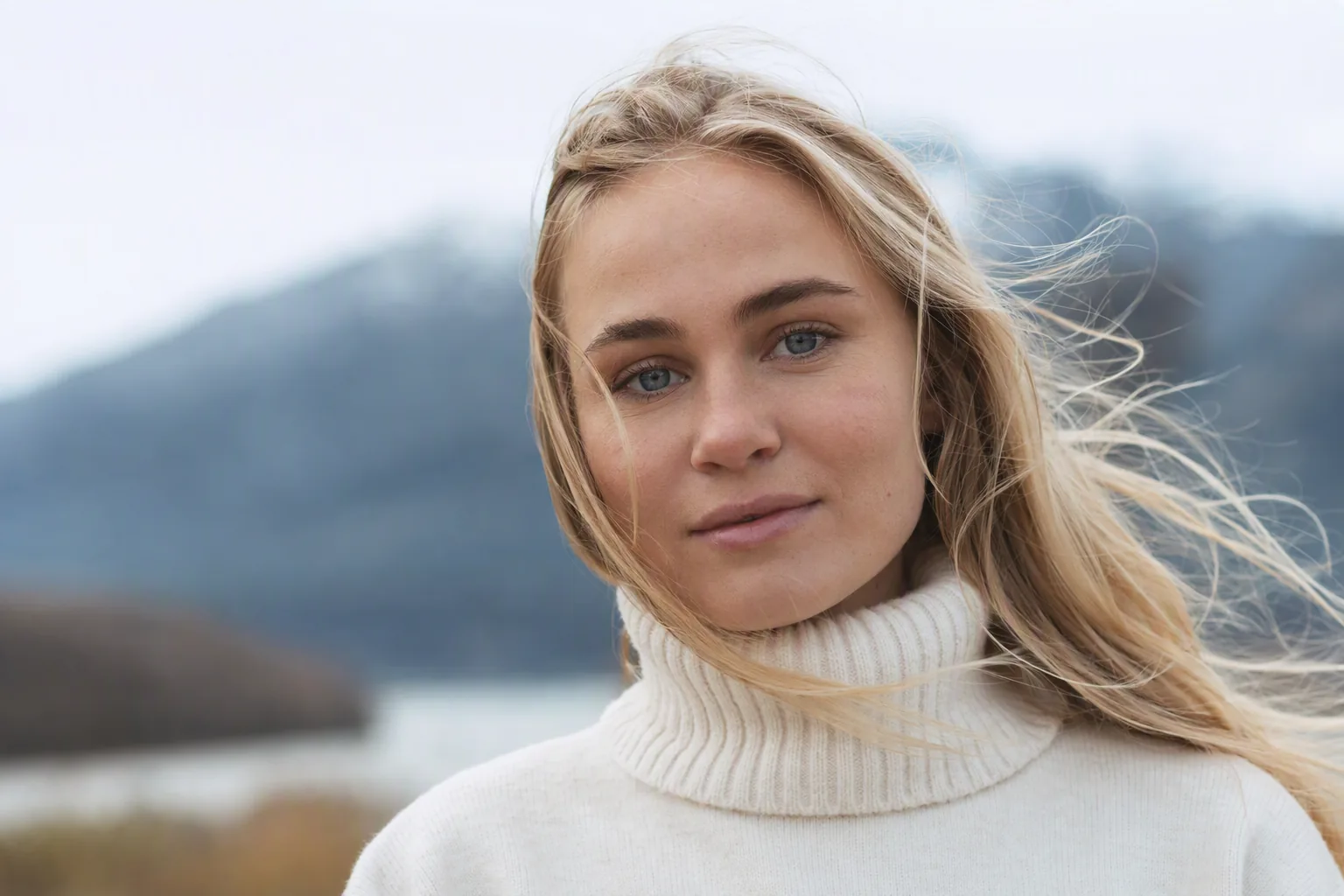 Blond kvinne i hvit ullgenser ute i vinterlys med håret i vinden