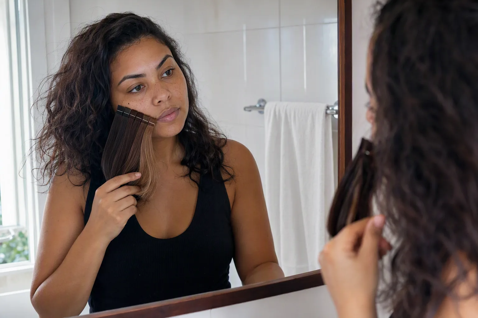 Mulher no espelho do banheiro comparando mechas de amostra de cor de cabelo junto ao rosto