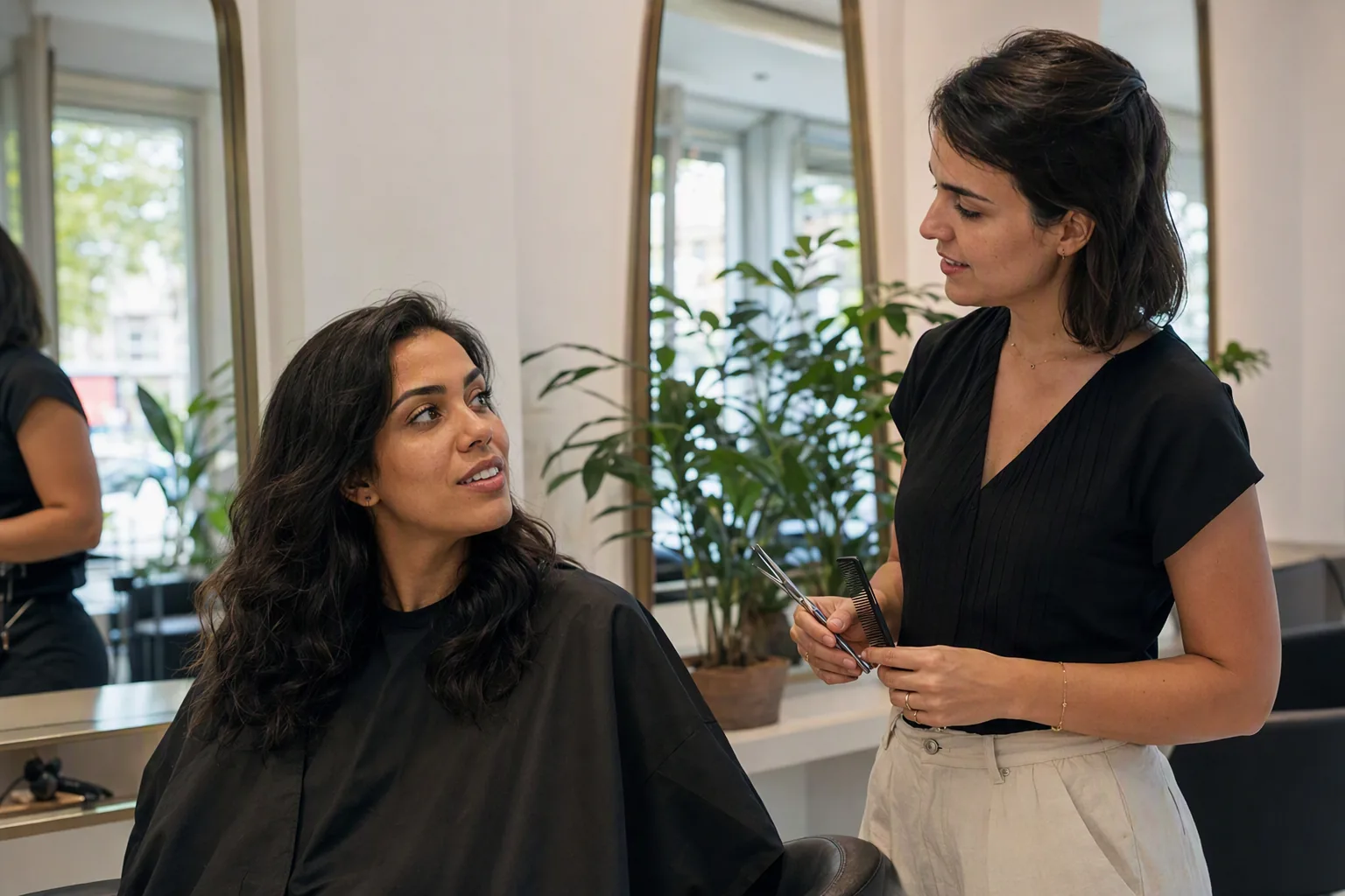 Cliente sentada na cadeira do salão, de capa preta, conversando com a cabeleireira durante a consulta