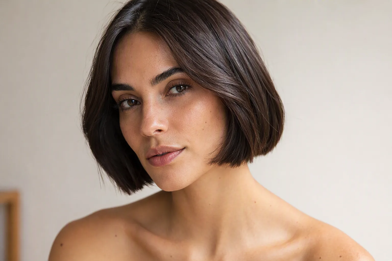 Retrato de mulher com corte chanel castanho, cabeça inclinada, fundo claro