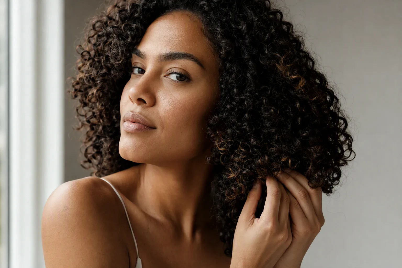 Mulher de pele morena com cachos castanhos volumosos ajeitando uma mecha