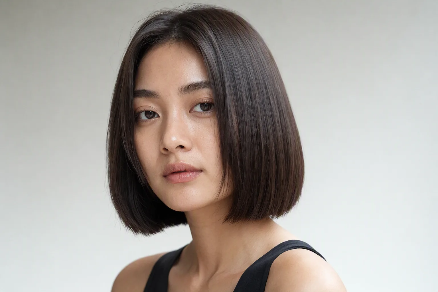 ผู้หญิงผมบ๊อบสีน้ำตาลเข้ม สวมเสื้อสีดำ ถ่ายหน้าฉากสีเทาเรียบ
