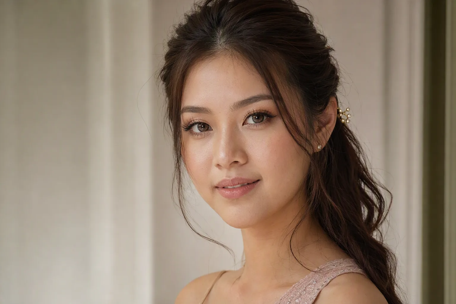 ผู้หญิงรวบผมครึ่งหัวถักเปียเล็ก ปล่อยปลายผมเป็นลอน ในแสงอุ่น
