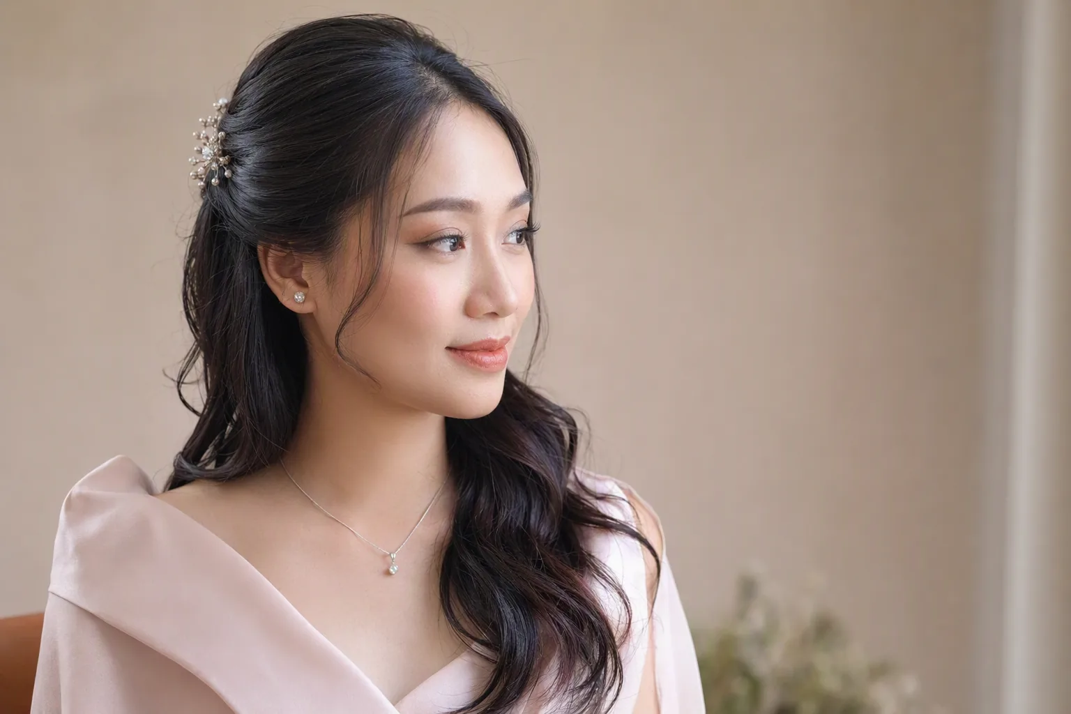 Cô gái mặc áo hồng, tóc búi thấp cài trâm, vài lọn tóc buông nhẹ bên thái dương