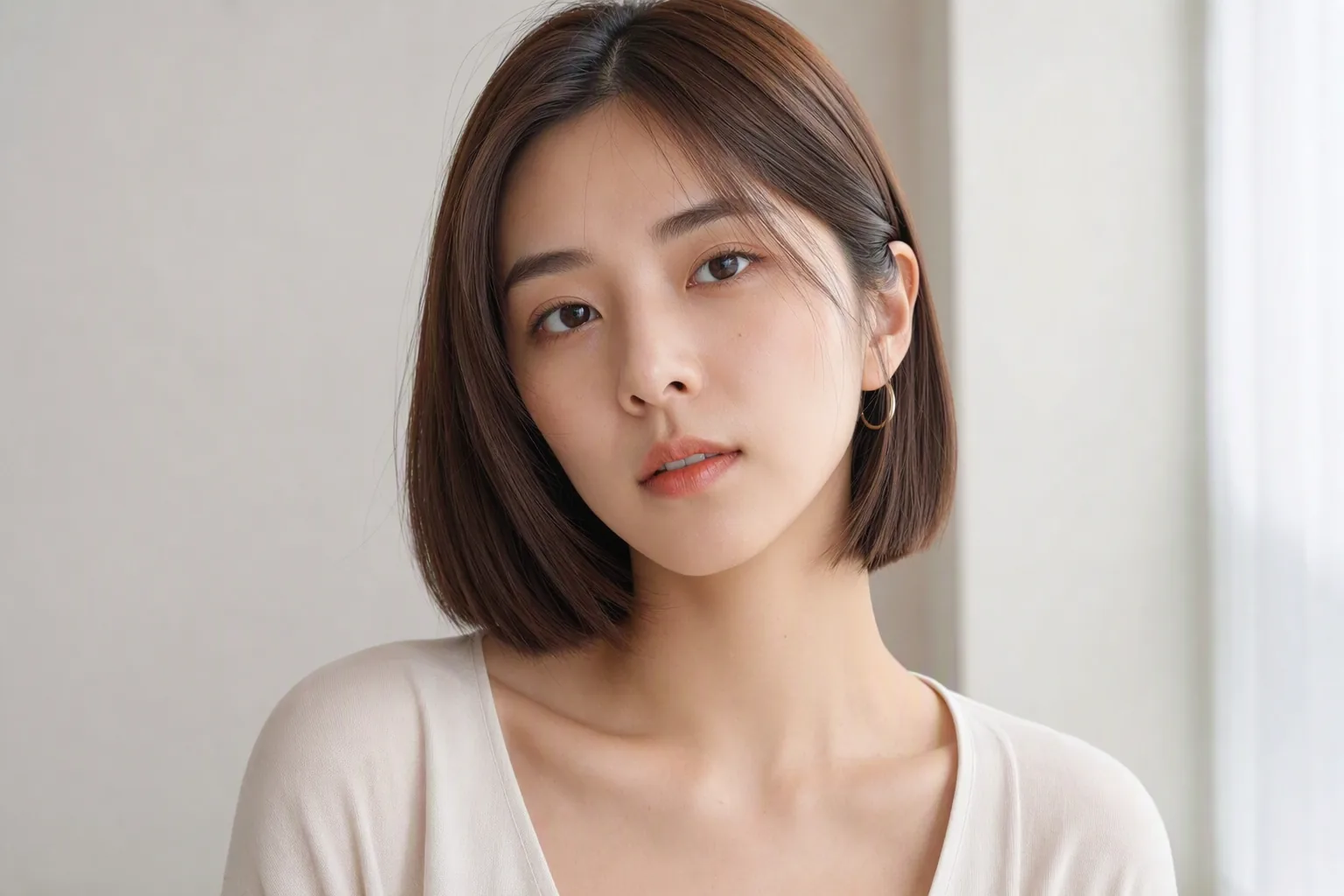 棕髮短髮女生靠在窗邊,米色針織上衣,呈現顯白的髮色