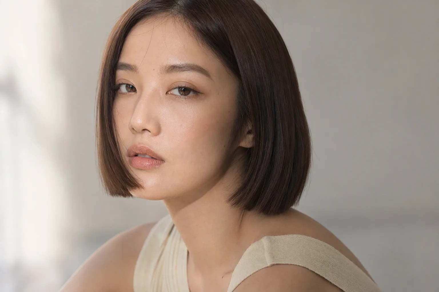 深棕短髮女生側身回望,柔和背景下呈現染後的髮色
